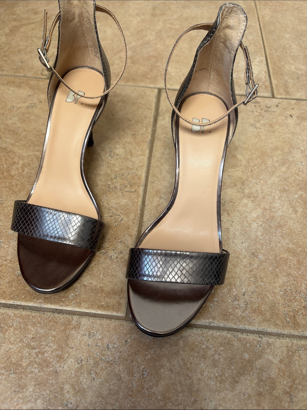 bp Silver/Bronze Metallic Snake-Embossed Ankle Strap Heels. Size 7M